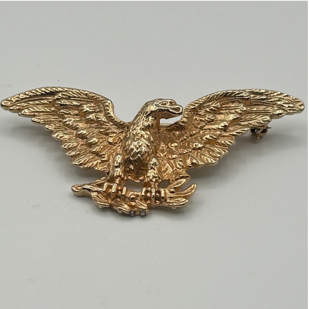 Vintage Patriotic Bald Eagle Brooch Gold Tone Bird Olive Branch Pin 2.25 Inch